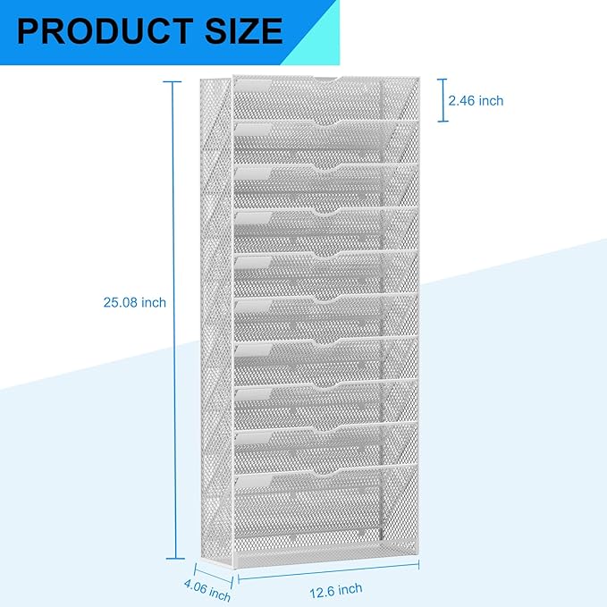 Hanging Wall File Organizer 10 Tier Wall Mounted File Holder Document Wall Organizer Magazine Organization for Office Home, Silver