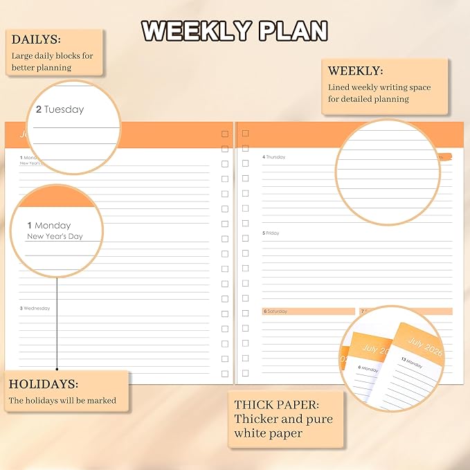 CAGIE 2026 Planner Weekly and Monthly from Dec 2025 to Dec 2026 Hardcover Spiral Bound Calendar Yearly Agenda Planners for Women with Stickers, 8.3 x 9.1, Black Floral