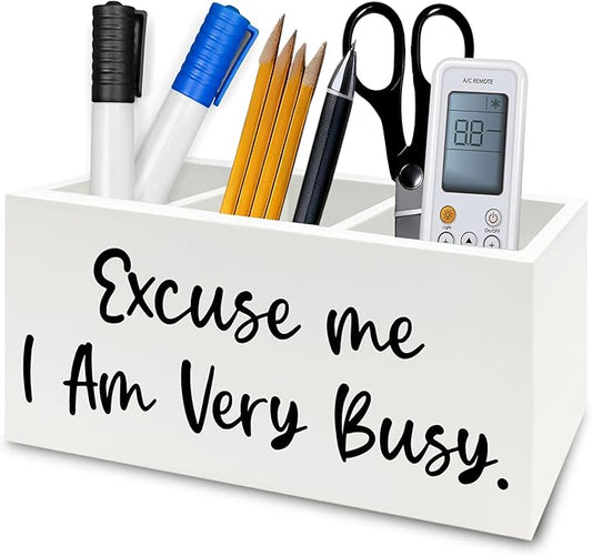 Funny Pen Pencil Holder Organizer for Desk, Funny Office Decor, Excuse Me I Am Very Busy Wooden Box Signs Decorations for Home Workplace Office Desk Tabletop