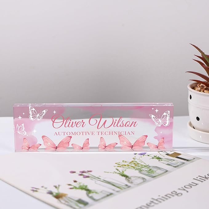 Custom Name Plate for Desk, Personalized Acrylic Office Name Sign with Name & Title, Elegant Desk Decor for Women Men, Employee Appreciation Gift (Pink Butterfly)