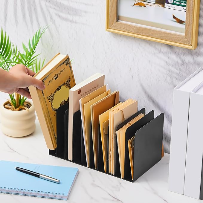 Suzile Metal Desk File Organizer 10 Compartments Metal Desktop Organizer File Sorter Office Organization File Holder for Home Classroom, Vertical File Organizer, 10.63" L X 5.79" W X 5.41" H