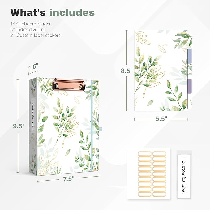 Ospelelf Mini Binder 3 Ring 1 Inch, Green Floral Round Ring Clipboard Binder with 5 Tab Dividers, for School and Office Supplies, Greenleaf