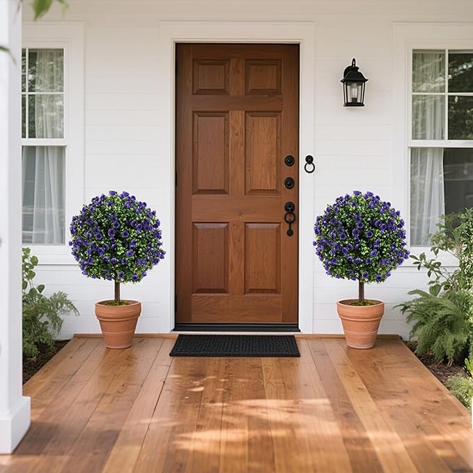 Goplus 22'' Artificial Purple Rose Topiary Ball Tree, Set of 2 Faux Potted Plants Artificial Shrubs Bushes with Flowers, Fake Evergreen Boxwood Topiary for Indoor Outdoor Home Front Porch Decor