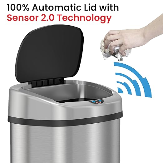 iTouchless 13 Gallon Stainless Steel Kitchen Trash Can with Sensor 2.0 Tech Touchless Lid and AbsorbX Odor Filter, Oval Slim Space-Saving Automatic Garbage Bin for Home, Office, Business, Restroom