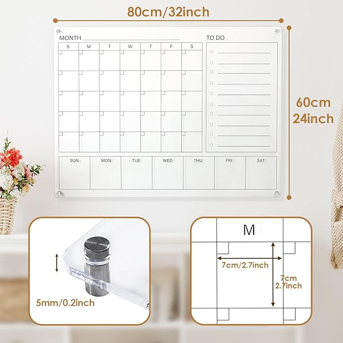 MAKELLO Acrylic Calendar for Wall, Clear White Board Calendar for Office, School, Home, Monthly Whiteboard with Weekly, 32x24 in