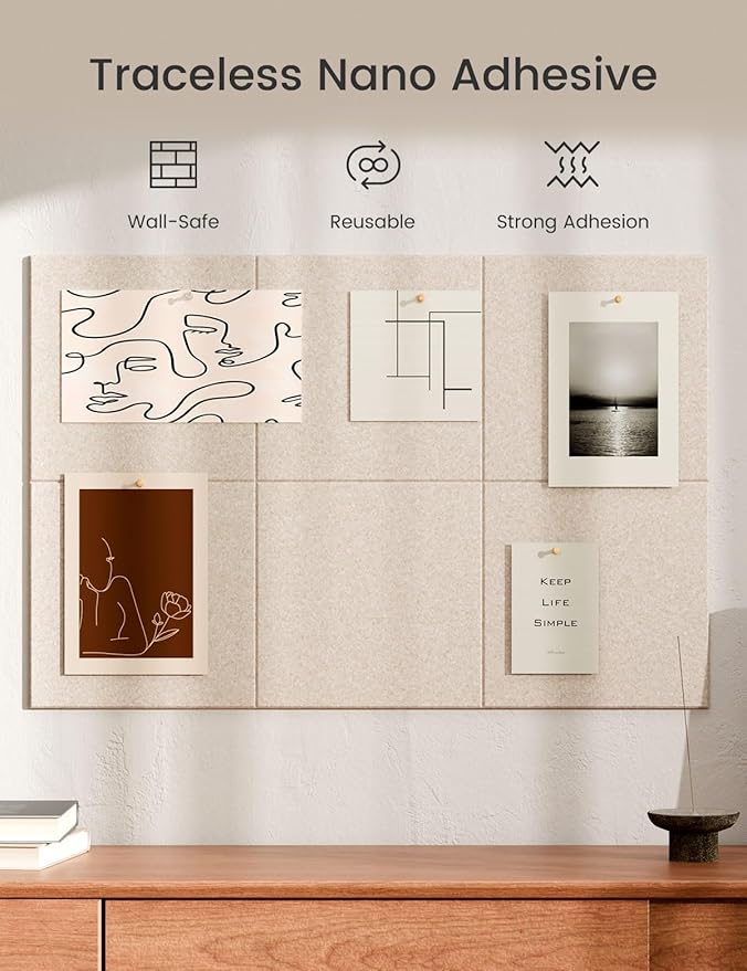 Bumusty Large Cork Board 36"x24" Alternative - 6 Pack Felt Wall Tiles with 40 Safe Removable Adhesive Tabs, 30 Pushpins, Cork Boards for Walls Pin Board Bulletin Board Office Decor (Oatmeal)