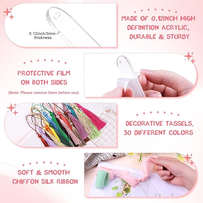 30 Pieces Acrylic Bookmark Blanks(3mm Thick), Clear Acrylic Bookmarks with 30PcsTassels, 3 Rolls Chiffon Silk Ribbon and 30 Packaging Bags, Transparent DIY Bookmarks for Reading Lover Crafts Present