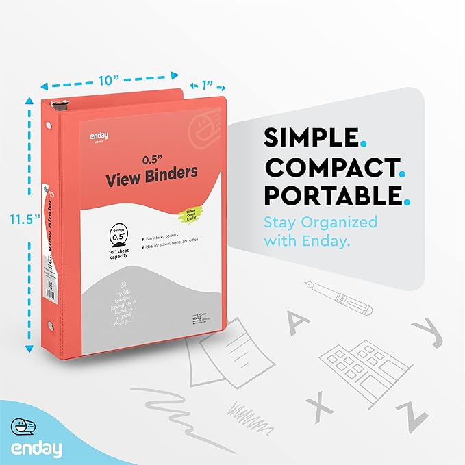 ½ Inch 3 Ring Binder .5 inch Red Clear View Cover with 2 Inside Pockets, Colored School Supplies Office and Home Binders – by Enday