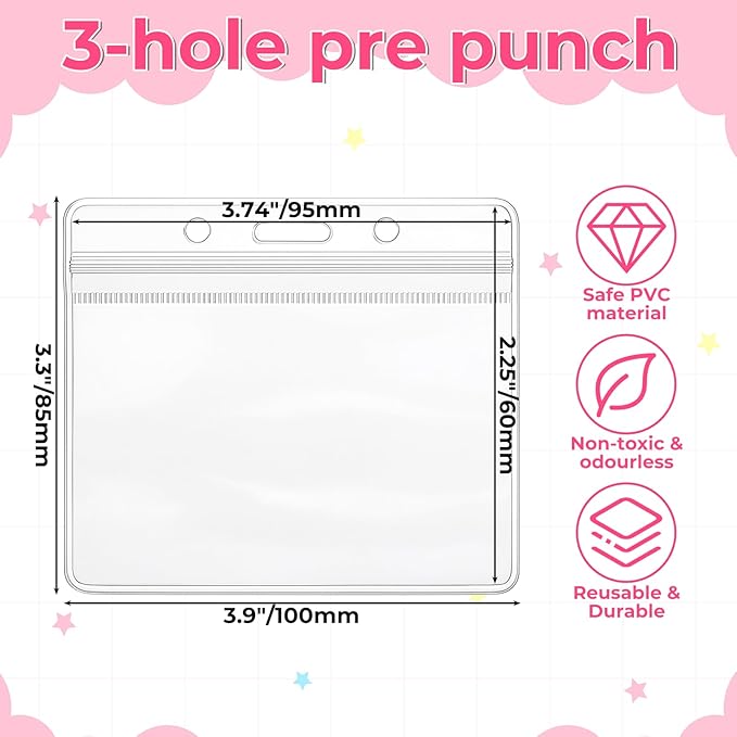 300 Pcs Clear Plastic Horizontal Name Badge ID Card Holders, 3.9 x 3.3 in Horizontal Plastic Name Tags with Waterproof Resealable Zip Transparent PVC Sleeve Cover for Office School