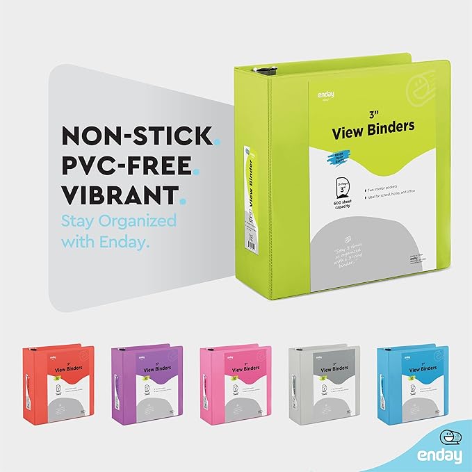 3 Inch Binder 3 Ring Binders Green, Slant D-Ring 3” Clear View Cover with 2 Inside Pockets, Heavy Duty Colored School Supplies Office and Home Binders – by Enday