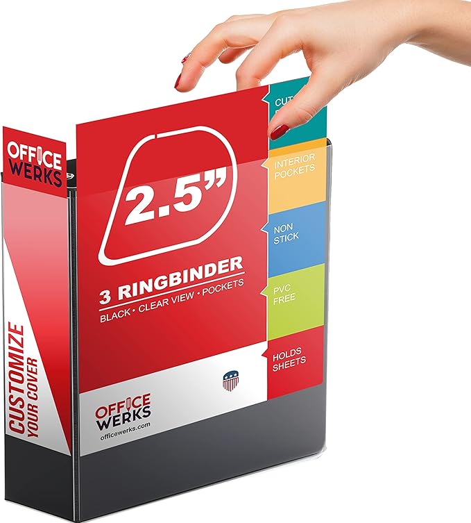 Performore Premium 3 Ring Binder, Professional Angle D Ring 2.5 Inch, Presentation Folder for Standard Pages 8.5 x 11 with Pockets, Crystal Clear View Black (2 Pack)