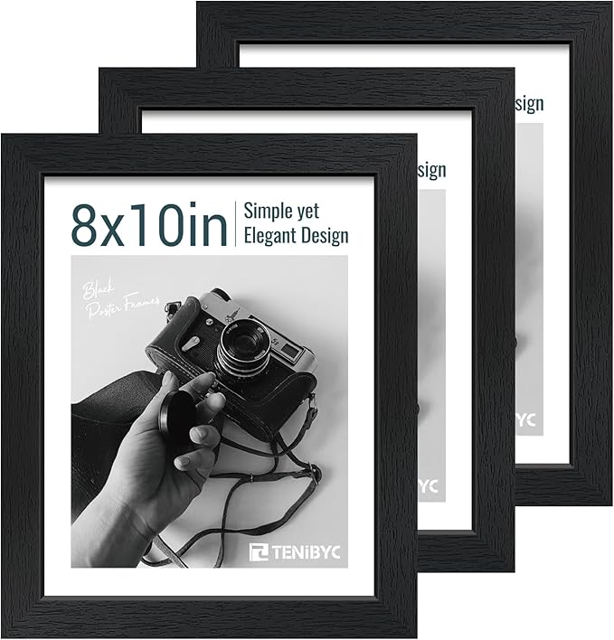 8x10 Picture Frame Set - 3 Pack, Textured Black Solid Wood, HD Tempered Glass, Gallery Photo Frame, Table or Wall Display
