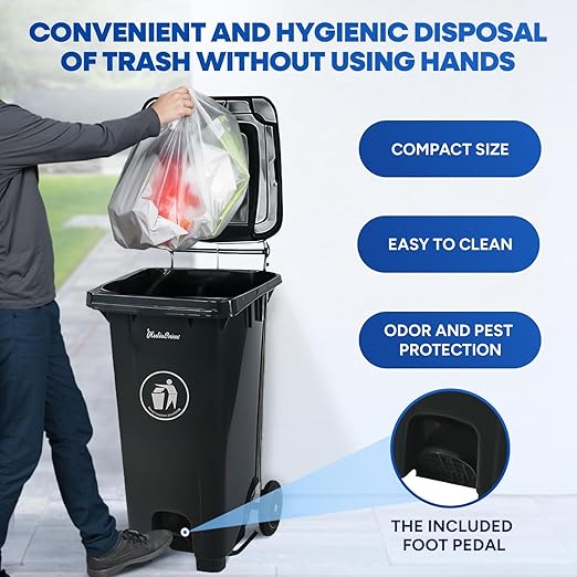 32 Gallon Step-On Large Outdoor Trash Can with Lid and Wheels - Outside Plastic Rolling Garbage Can - Rollout Commercial Heavy-Duty Container Barrel, Gray 2 Pack