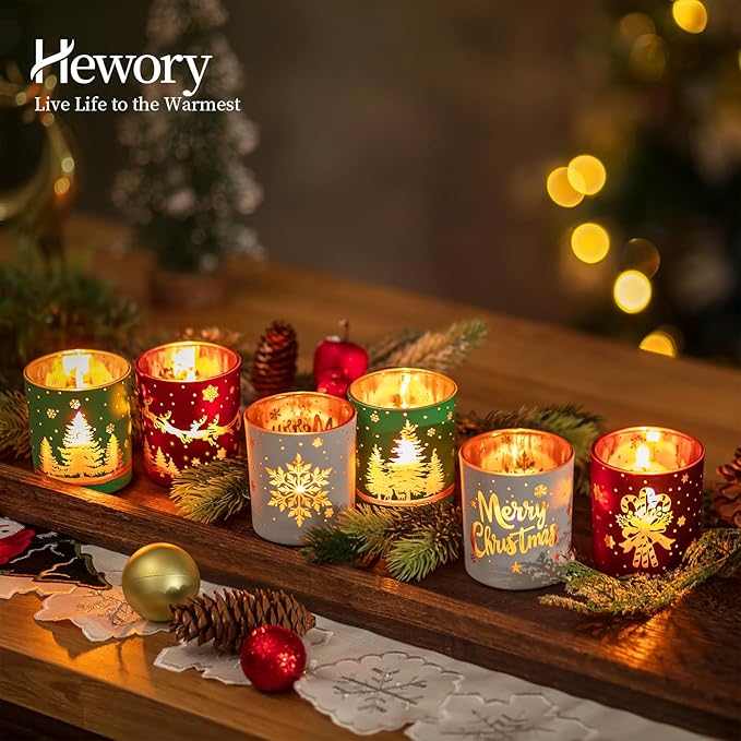 Hewory Christmas Votive Candle Holders: Christmas Tea Light Candle Holder Set of 6, Cylinder Glass Candle Holders Centerpiece Christmas Decorations Indoor Home Decor for Table Fireplace Holiday Party