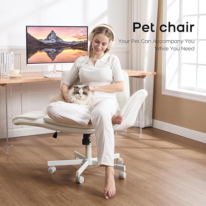 Criss Cross Chair with Armrests & Wheels, PU Leather Vanity Chair, Comfortable Adjustable Swivel Computer Office Desk Chairs for Home, Make Up, Bed Room (White)