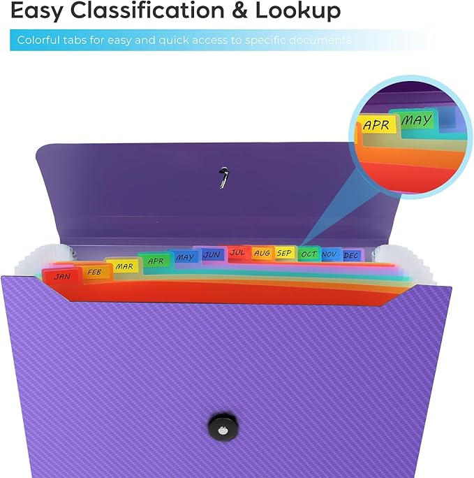 Accordion File Organizer, Expanding File Folder for Sorting Documents and Papers, 13 Pockets File Storage Organizer for Home, Travel and Office Use (Purple)
