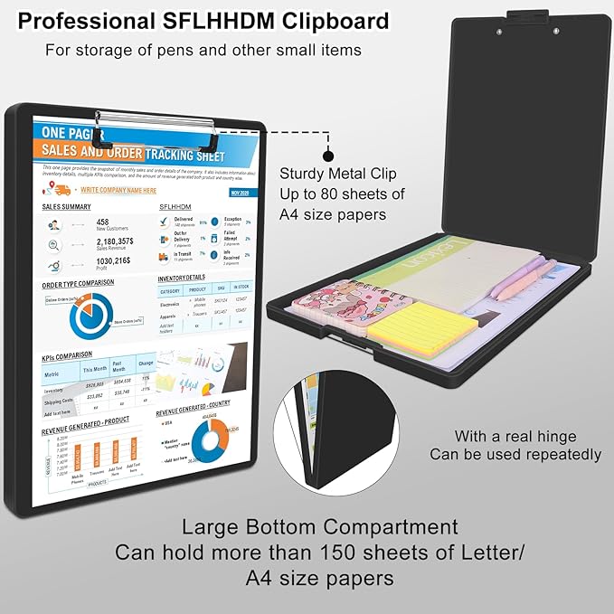 Clipboard with Storage,Three-Tier Box Clipboards(Letter Size),Storage Clipboard with Clip Form Holder Clipboards,Dry Erase Clip Boards 8.5x11 with Storage for Office School Supplies Clip Board-Black