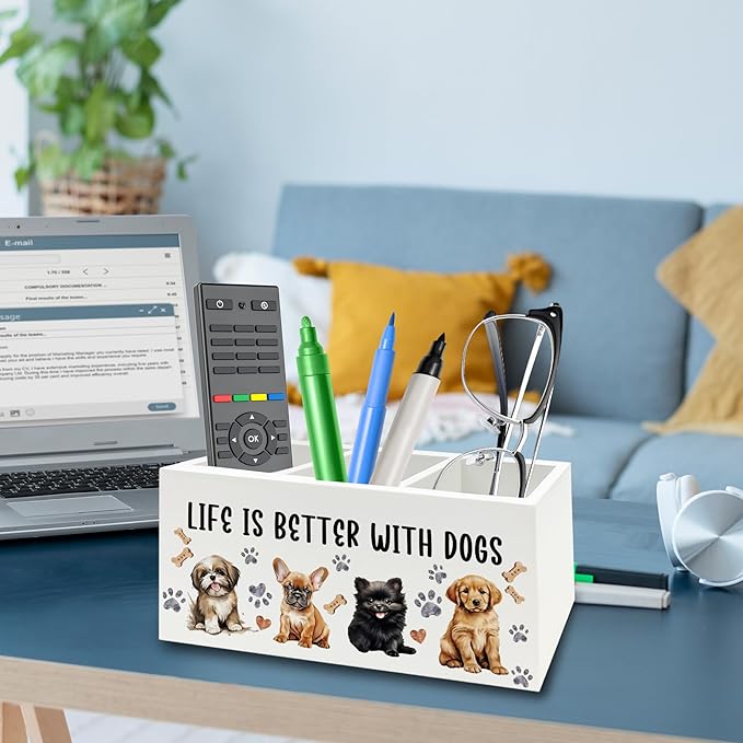 Dog Pen Pencil Holder Organizer for Desk, Dog Lovers Mom Gifts for Women, Life Is Better with Dogs Wooden Box Signs Decorations for Home Office Desk Tabletop, Gifts for Pet Lovers