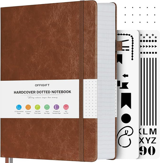 Bullet Dotted Journal Notebook, 312 Numbered Pages A5 Hardcover Dotted Notebooks, 100gsm No Bleed Paper Dot Grid Notebook with Index Pages, Dot Journal for Women Men, 5.75" x 8.38", Brown