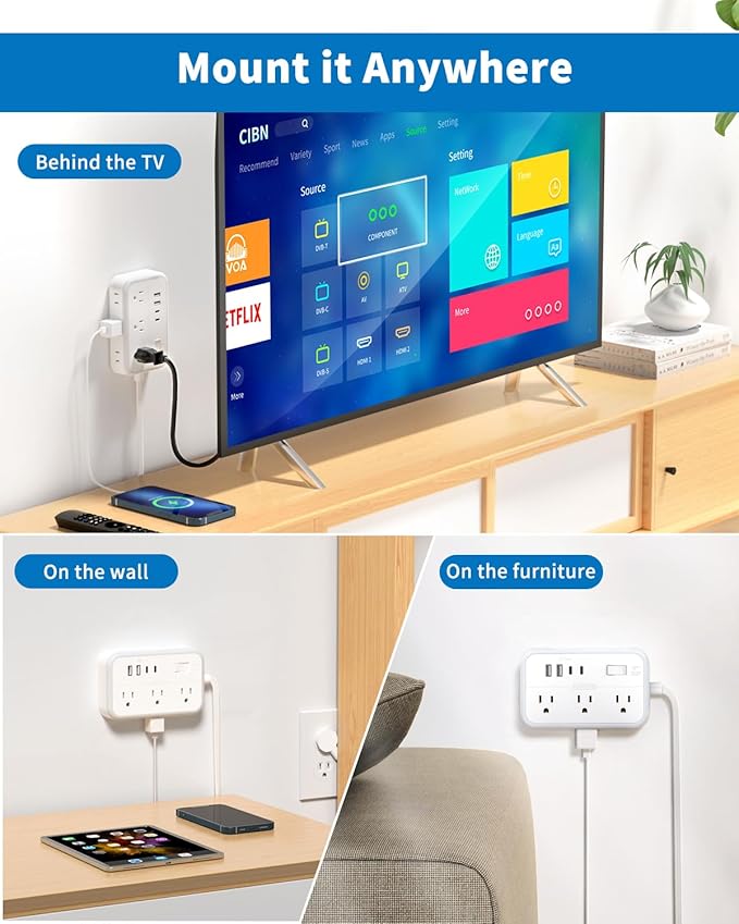 Flat Extension Cord 15 ft, NTONPOWER Surge Protector Power Strip with 6 Widely Outlets 4 USB Ports(2 USB C), Flat Plug, Wall Mounted, Side Outlet Extender for Indoor, Home Office, Dorm Room Essentials