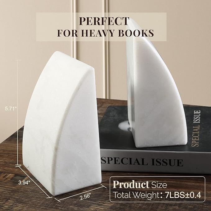 Koville Marble Bookends for Shelves, Large Bookends for Heavy Books, Natural Stone Book Stopper for Books CD Movies, Aesthetic Decorative Book Ends (White)