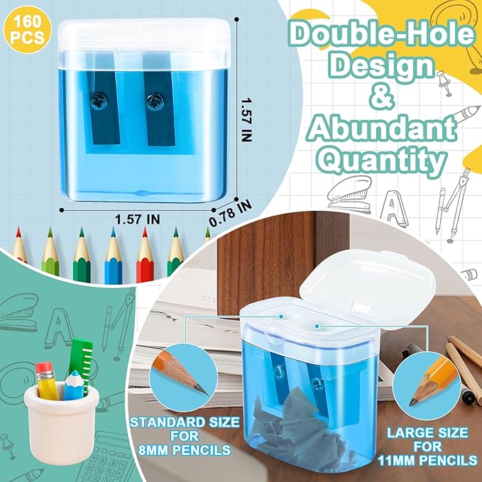 160 Piece Pencil Sharpener Bulk, Manual Dual Holes Pencil Sharpeners for Kids, 4 Colorful Handheld Pencil Sharpeners with Lid Portable Compact for School Supplies Classroom Office Students Home