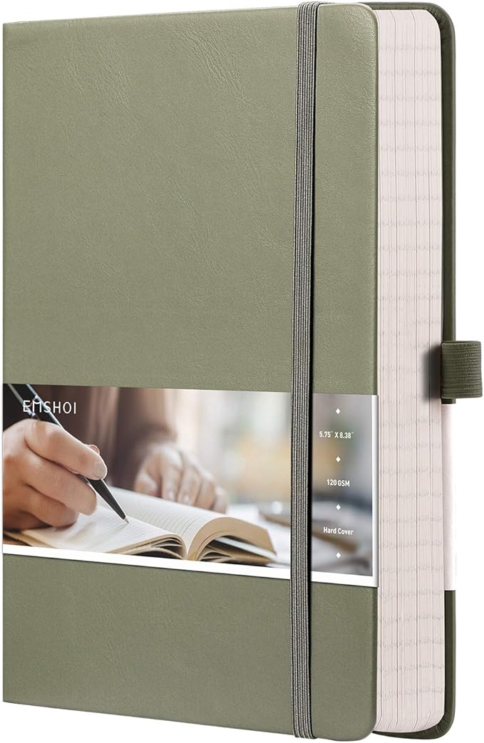 EMSHOI Graph Paper Notebook - 256 Pages A5 Graph Notebook/Journal, Hard Cover, 120gsm Thick Paper, Smooth PU Leather, Inner Pocket, 5.75'' × 8.38''- Olive Green