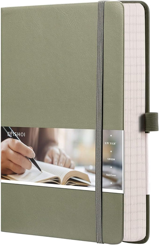 EMSHOI Graph Paper Notebook - 256 Pages A5 Graph Notebook/Journal, Hard Cover, 120gsm Thick Paper, Smooth PU Leather, Inner Pocket, 5.75'' × 8.38''- Olive Green
