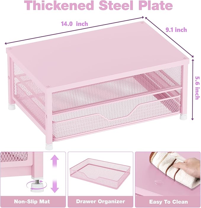 OPNICE Computer Monitor Stand Riser, Desk Organizers and Accessories with Drawer, Laptop Stand, Office Desk Accessories & Workspace Desktop Organizers Storage for Office Supplies(Pink)