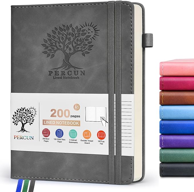 Lined Journal Notebook for Men & Women,200 Pages A5 Hardcover Leather Notebook (5.9"x8.5"), Travel Journal for Work, School, Business Writing, Note Taking, Notepad Diary (Grey)