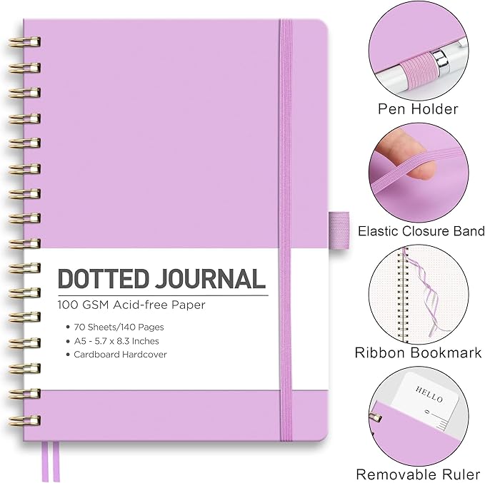 RETTACY Bullet Dotted Journal Notebook, 140 Pages, A5 Medium Size (5.7'' x 8.3''), Hardcover, 100 GSM Thick Paper, for Bullet Journaling, Planning, Tracking (Lilac)