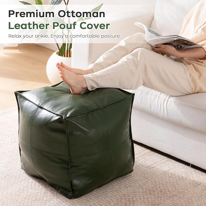 Unstuffed Pouf Cover, 17.7" Faux Leather Poofy Ottoman Cover, Square Footstool For Storage Living Room Decoration Foot Rest, Footrest for Bedroom Balcony Office Chair, (Only Cover, No Filler), Green