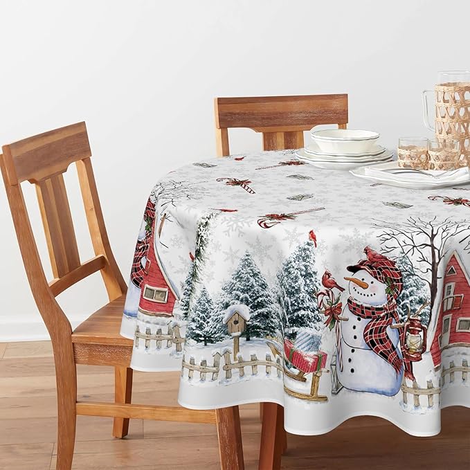 Horaldaily Christmas Tablecloth 90×90 Inch Round, Winter Snowman House Christmas Trees White Washable Table Cover for Party Picnic Dinner Decor