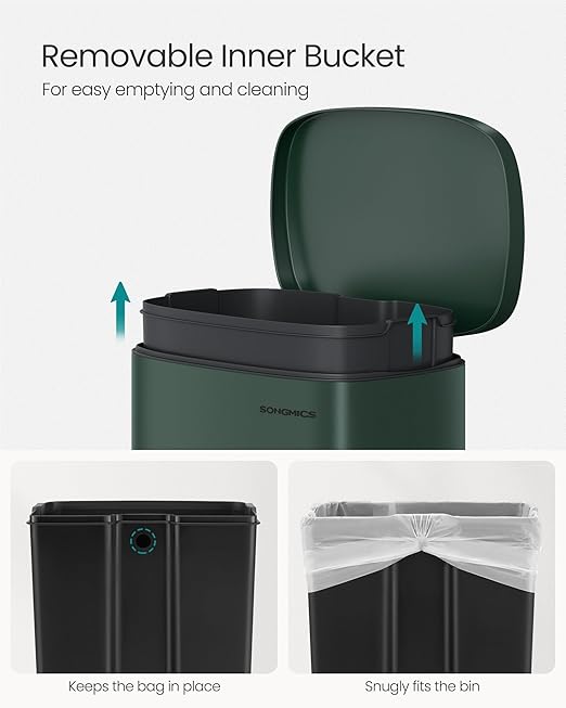 SONGMICS 13 Gallon (50 L) Trash Can, Stainless Steel Kitchen Garbage Can, Recycling or Waste Bin, Soft Close, Step-On Pedal, Removable Inner Bucket, Retro Green ULTB050C01