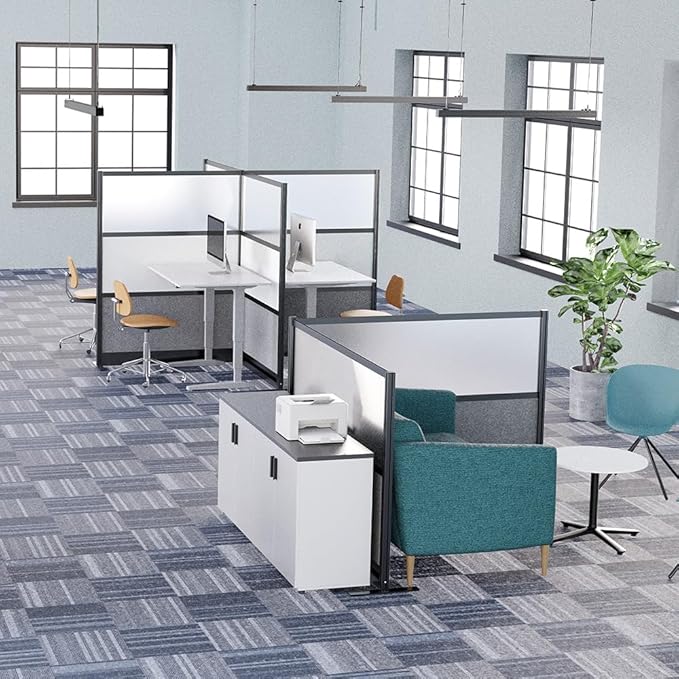 Stand Up Desk Store Workflow Wide Modular Wall | 53'' x 70'' Wall | Expandable Partition Room Divider with Rearrangeable Frosted Acrylic, Sound Absorbent and Whiteboard Panels (Black Frame)