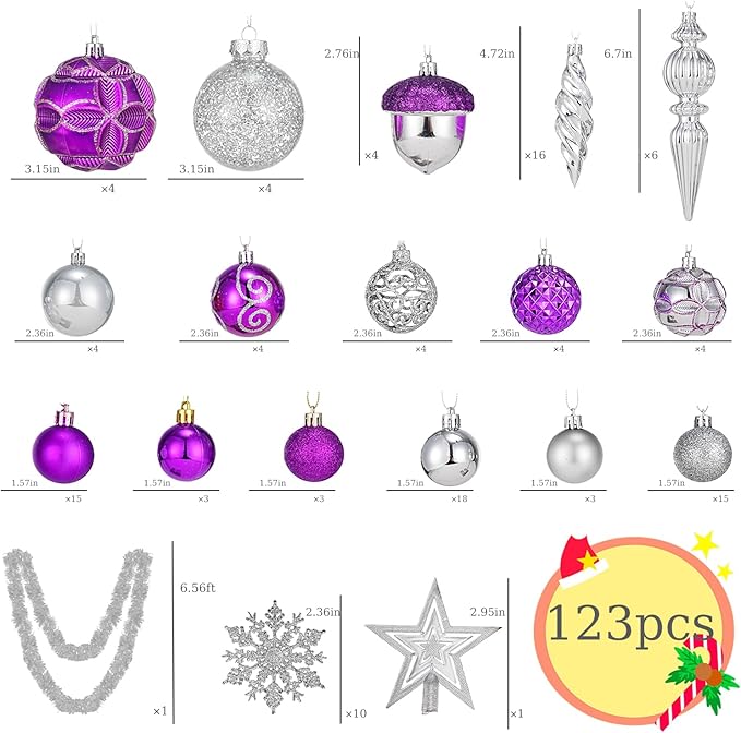 123pcs Christmas Ball Ornaments Set, Shatterproof Plastic Balls for Classic Xmas Decorations, Hanging Ornaments for Christmas Tree, Holiday, Bridal, Home Party, Purple and Silver