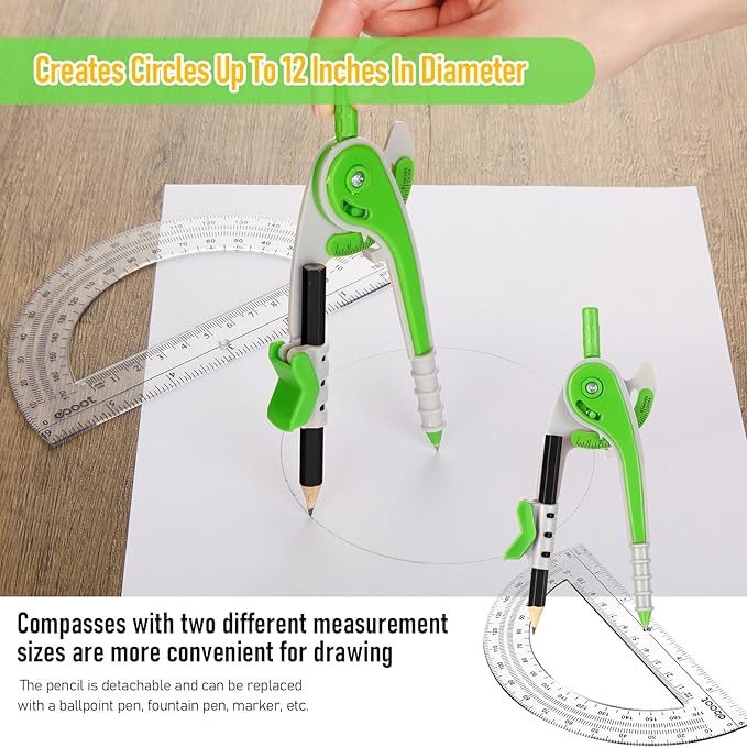 EBOOT Student Geometry Math Set, Drawing Compass and 6 Inch Clear Swing Arm Protractors 180 Degree Math Protractor (Green)