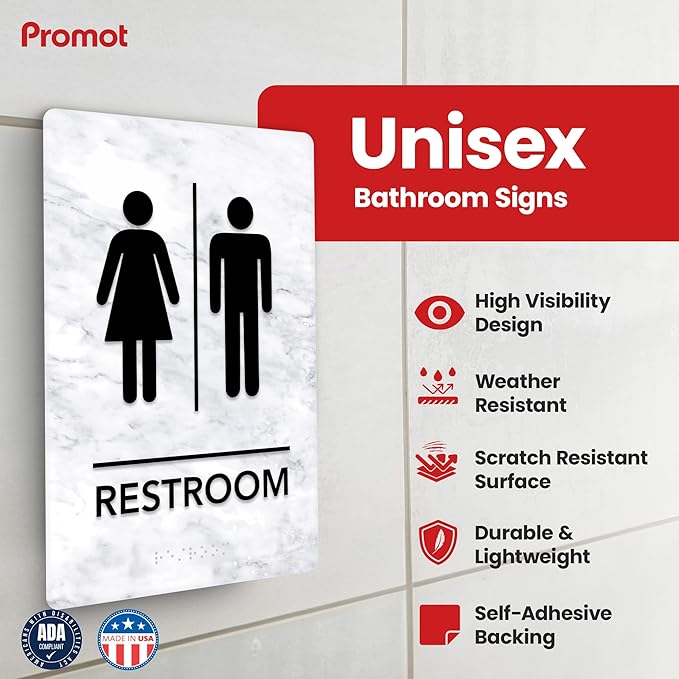 Promot Unisex Bathroom Sign – ADA Braille Restroom Sign for Business, Self-Adhesive, 9" x 6", Commercial Door Signage, Office Wall Decor - Marble White