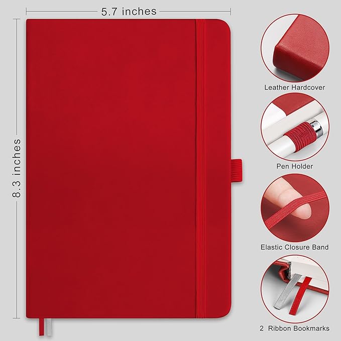 RETTACY Bullet Dotted Journal Notebook, 256 Pages, A5 Medium Size (5.7'' × 8.3''), Leather Hardcover, 120 GSM Thick Paper, for Bullet Journaling, Planning, Tracking (Red)