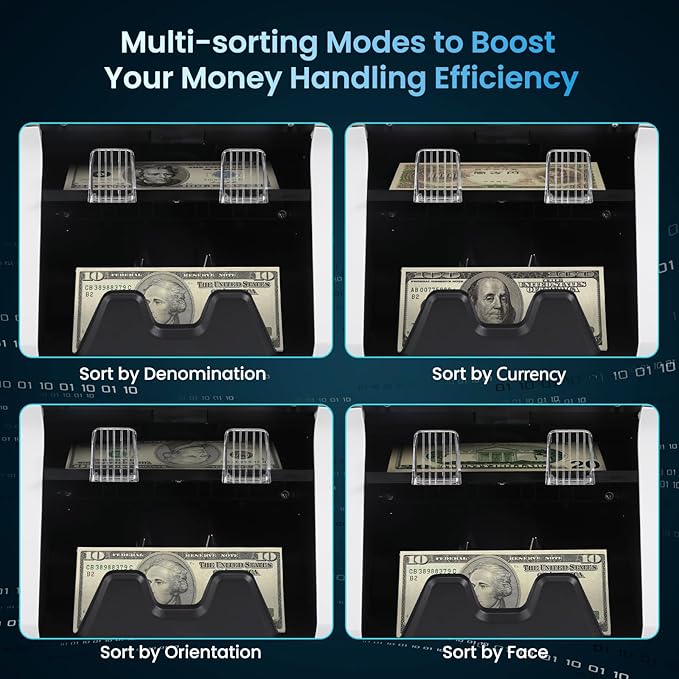 NUCOUN Mixed Denomination Money Counter Machine,Mixed Value Bill Counter and Sorter,with Reject Pocket,Multi Currency Note Counter,Counterfeit Detection 2 CIS/UV/MG/IR,4 inch Touch Screen,SN Record