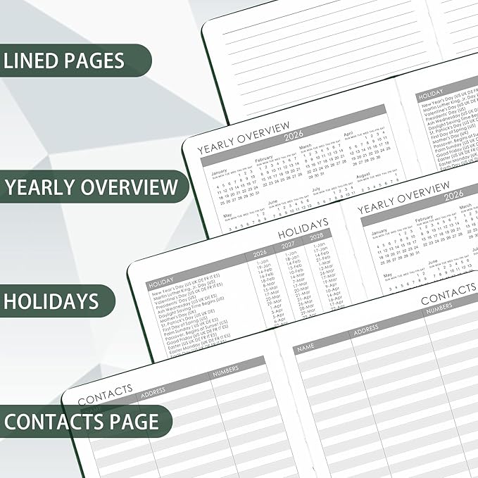 2026 Planner - Planner 2026, 2026 Weekly Monthly Planner, Jan.2026 - Dec.2026, 5.7'' x 8.4'', Thick Paper, Leather Cover, Pen Holder, Back Pocket, Bookmarks, Perfect Daily Organizer - Dark Green