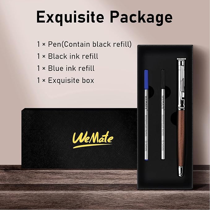 WEMATE Wood Rollerball Pen Set, Extra 2 Ink Refills(1 Black & 1 Blue), Fancy Writing Pen Nice Luxury Office Gift for Men, Professional and Executive, Cool Wooden Pen for Journaling - Bubinga