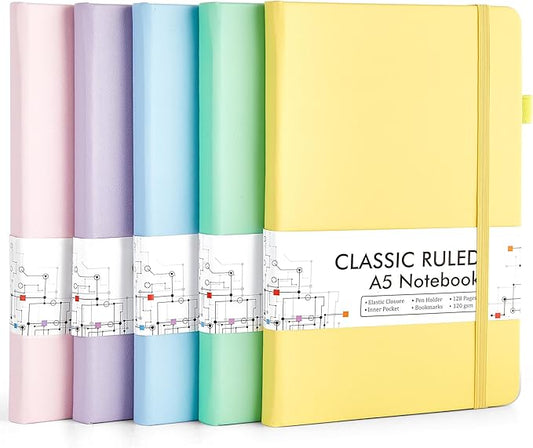 feela 5 Pack Notebooks Journals Bulk, Hardcover Classic Ruled Lined Journals with Pen Holder for Women Girls School Business Supplies, with 5 Black Pens, 120 GSM, 5.1”x8.3”, A5, Pastel Colors