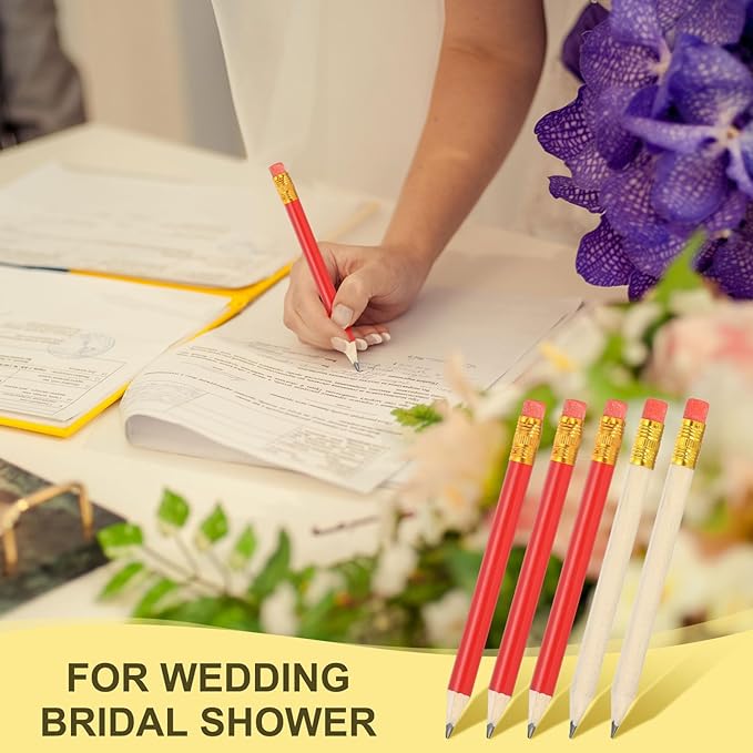 MECCANIXITY Golf Pencils with Erasers, 4" HB Mini Half Pencils Pre Sharpened Small Pens for Wedding Bridal Shower Game Office Writing Drawing(Wood Color/Red, Pack of 50)