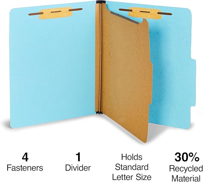 Staples 614424 Pressboard Classification Folders 2/5 Top Tab LTR 1 Div Lt Blue 20/Bx