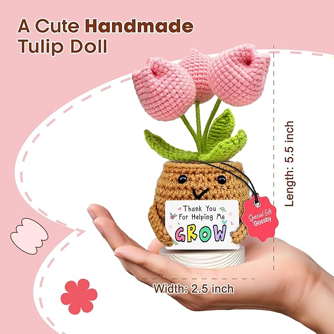 Gossby Handmade Positive Tulip Flower Crochet - Thank You for Helping Me Grow - Teacher Appreciation Gift - Thank You, Birthday, Graduation, Last Day of School Gift for Teacher from Student