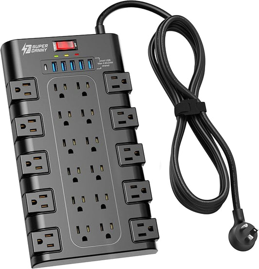 Power Strip Surge Protector, SUPERDANNY 8Ft Long Extension Cord with 6 USB Charging Ports and 22 AC Outlets, 1875W/15A, 2100 Joules, Flat Plug Power Outlet for Home, Office, Dorm, Gaming Room, Black