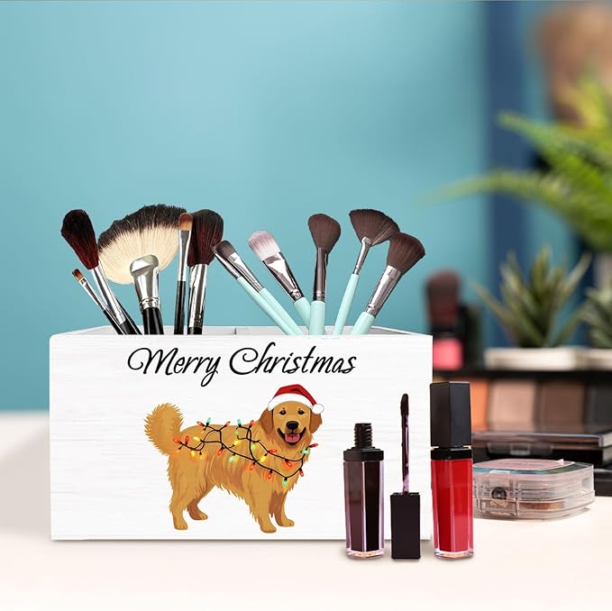 Merry Christmas Golden Retriever Pen Holder for Desk, Holiday Xmas Dog Wooden Box Sign Desk Decor for Home Office Decoration, Dog Pencil Organizer, Golden Retriever Christmas Decor