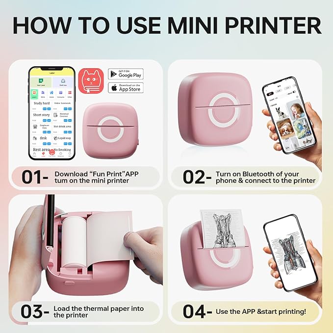 Mini Printer Sticker Thermal Printer with 3 Rolls Paper, Bluetooth Portable Phone Print Pods,Study Sticker Maker for Pictures, Photos, Journals, DIY, Compatible with Phone & Tablet