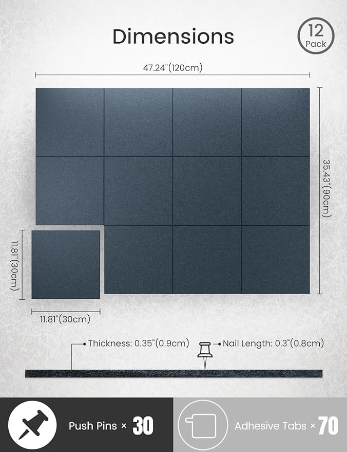 Bumusty Large Cork Board 47"x35" Alternative - 12 Pack Felt Wall Tiles with 70 Safe Removable Adhesive Tabs, 30 Pushpins, Cork Boards for Walls Pin Board Bulletin Board (Deep Charcoal Blue)